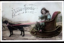 ARBOIS (39) ATTELAGE de CHIEN avec TRAINEAU & ENFANT / BONNE ANNEE en 1909