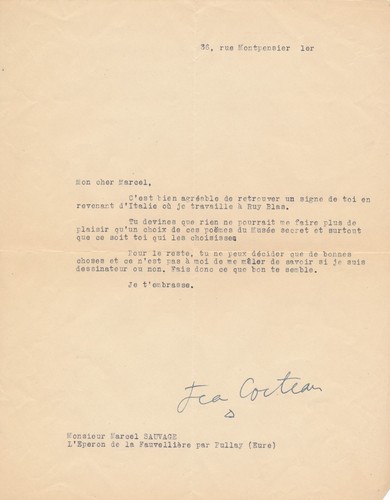 Jean cocteau lettre - signée, à