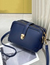 Sac Cartable A Bandoulière Bleu 3 Compartiment Femme En Simili Cuir Zippé