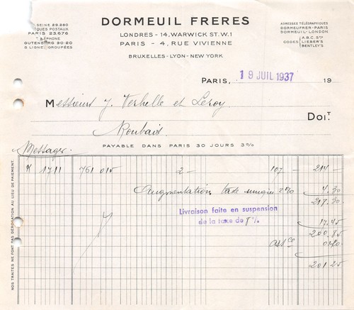 Facture 1937 dormeuil freres - 1937,