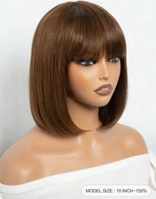 Perruque Brune Wig Naturelle Humains Style Pixie Courte A Frange 25cm +4 Bonnets