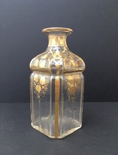 Bouteille Flacon Parfum Ancien Verre Pans Coupés Motifs Feuilles Dorées XIXe
