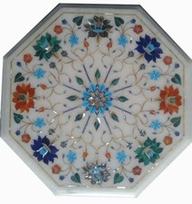 12 " Marbre Blanc Coin Table Top Floral Incrustation Demi Précieux Stones