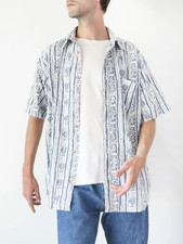 Chemise vintage à manches courtes à motifs bleu et blanc – Country – M / 38 / 10