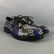 PRADA Taille 9 Chaussures En Cuir Noir Argent Bleu À Lacets Studded