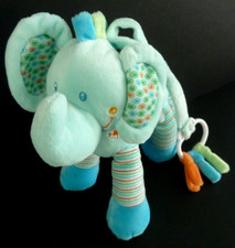 *. DOUDOU PELUCHE MUSICAL NICOTOY ELEPHANT bleu vert orange rayé - ETAT NEUF *