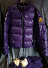Polo Ralph Lauren purple crest Xl goose down ski jacket parka scarf faux fur og 