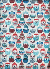 Coupon tissu patchwork noel chouettes bonhomme de neige bleu  
