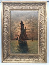 Ancien tableau marin huile sur toile voilier au crépuscule 39cmx53cm