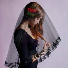  Voile de mariée noir double couche Voile d'Halloween en dentelle avec peigne