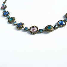 collier femme chainette doré vieilli bronze strass cabochons rose bleu vert