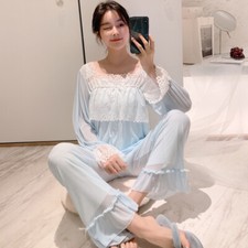 2X Femme Pyjama Ensemble Haut Pantalon Dentelle Épissure Maille Noeud Couchage