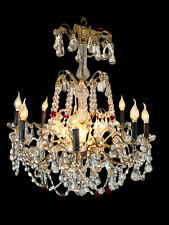 LUSTRE " GRAND MODELE " A PAMPILLES BLANCHE ET ROUGE EN BRONZE ARGENTÉ