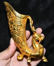 5.5 '' Vieux bronze doré mouton tête tasse de vin tasse statue en verre