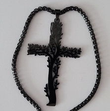Grand pendentif "CROIX" en acier inoxydable laqué noir & sa chaîne de 60 cm