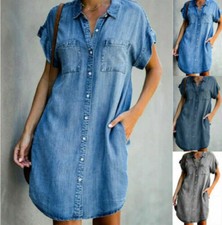 Robe D'été Mi-Longue En Denim Pour Femmes Chemise À Manches Courtes Robe En /