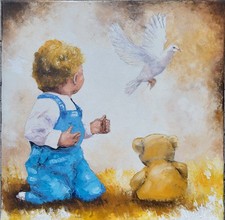 Toile originale de NOLAC 50X50 L ENFANT ET LA COLOMBE huile au couteau