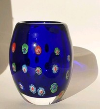 VASE VERRE MILLEFIORI DE MURANO ITALIE Bleu Vintage Sulfure 