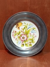 Ancienne Assiette Décorative En Céramique Contour En Étain, Pewter,fleur