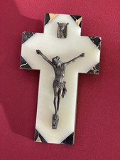 Grand Crucifix Ancien Onyx Marbre Bronze Sur Plaque Laiton