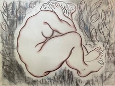 Dessin original d'une femme nue assise signé