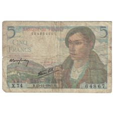 [#392614] France, 5 Francs, Berger, 1943, X.74, TTB(20-25), Fayette:5.4, KM:98a