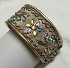 ANCIEN BIJOU BRACELET MANCHETTE COTTE DE MAILLE argenté fleur strass  N150