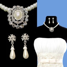 Parure Mariage Collier Boucle CRISTAL PERLES Nacrées imitée BLANC cassé CABOCHON
