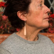 Boucles d'oreilles Dormeuse Art Deco Serti CZ Goutte Longue Corail Rose Pale SC2