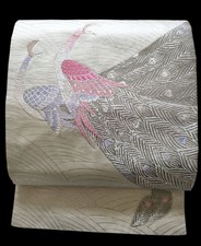 Kimono japonais Nagoya Obi feuille d'argent motif vague paon blanc