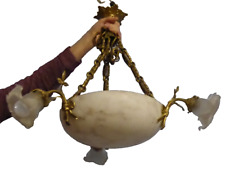 Lustre Art Nouveau en albatre avec 3 bras tulipes en verre alabaster light shade