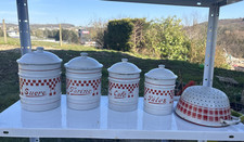 ENSEMBLE EN TÔLE ÉMAILLÉ VINTAGE POT À PÂTES SUCRE , EGOUTOIR VERS 1940 BISTROT