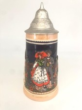 Chope ancienne couvercle en étain en grés d'Alsace - Couple alsaciens