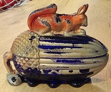 Ancienne Boite Bonbonnière Écureuil Sur Gland Verre Moulé Vallerysthal