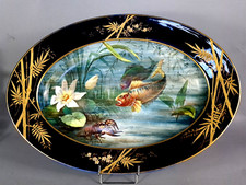 Limoges: ancien grand plat porcelaine décor aquatique peint signé 45x32 cm SC466