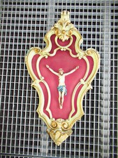 Ancien bénitier peint en bois et résine-Jésus au centre-Style louis xv vénitien