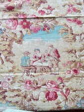 Tissu Ancien Coton Imprimé XIXème Campagne Violant Fleurs Roses Fête Village