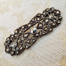 Broche Époque Art Déco Argent & Marcassites - Poinçon Sanglier & Orfèvre 48x18mm