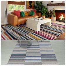 Moderne Muse Rayé Tapis pour Salle à Manger Chambre Poils Court Bleu Multi