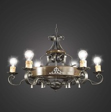 Lustre Rustique En Fer Forgé Et Bois À 6 Lumières Coll. BGA 1167