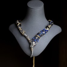 Collier Ras du Cou Choker Doré Noir Lapis Bleu Strass XL1
