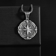 Collier boussole étoile du Nord pendentif en argent sterling oxydé gravé cadeau
