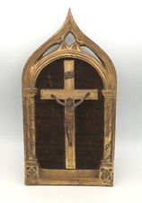CADRE CRUCIFIX Ancien CHRIST Sur Croix Encadrement Bois Sculpté Doré 31 x 16,7Cm