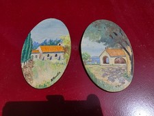 Lot de 2 tableaux anciens sur bois ovales La Bocca Cannes Chapelle Saint Cassie