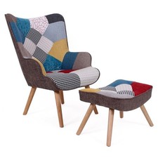 Fauteuil Scandinave & Pouf Patchwork "Orle" 98cm Multicolore