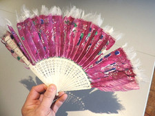 🟢 ANTIQUE CHINESE HAND FAN BONES ASIA  ANCIEN EVENTAIL CHINE PLUME OS ASIE