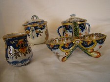 Deux petits pots , un petit vase , une salière "faïence décor Rouen" #699#