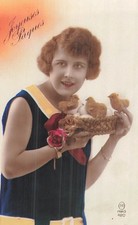 CP ORANGÉ PAQUES FEMME ELEGANTE PANIER OEUFS POUSSINS ROSE - 35298