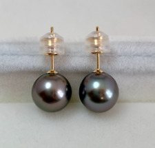 Boucles d'oreilles clous AAA 9,2 mm rondes en perles de Tahiti noires violett...