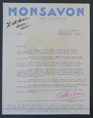 Facture 1941 monsavon clichy - facture,